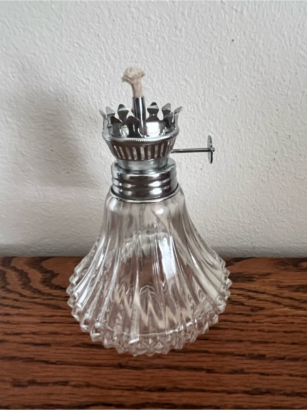 Vintage Clear Glass Oil Lamp with Silver-Tone Burner
